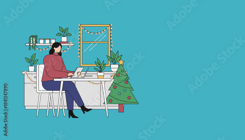 Woman remotely working on a laptop at her desk decorated for Christmas with a tree and festive lights