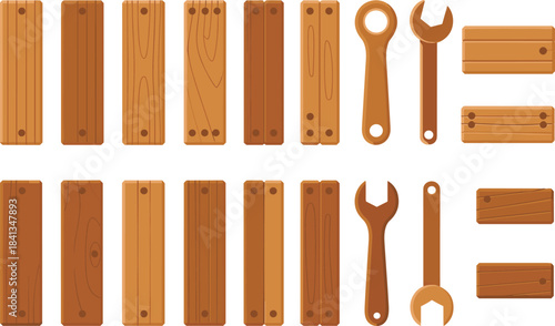 Wood planks and wrench tools illustration, wooden board set, construction materials, repair equipment icons, carpentry elements, DIY crafting hardware artwork
