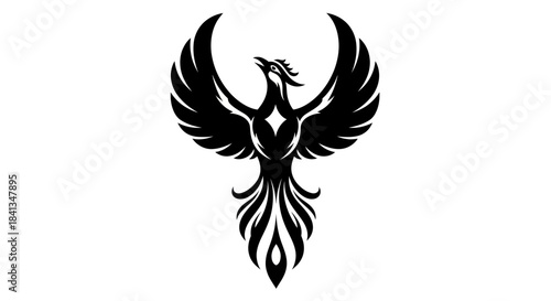 Elegant black phoenix symbol soaring against white background vector art