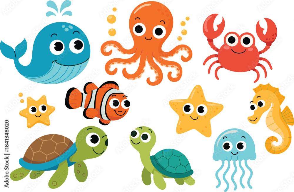 Fototapeta premium Cute ocean animals illustration, cartoon sea creatures, whale, octopus, crab, fish, turtles, starfish, seahorse, jellyfish, underwater kids artwork