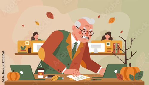 Angry senior boss stressing over work deadlines in the autumn office environment Business pressure