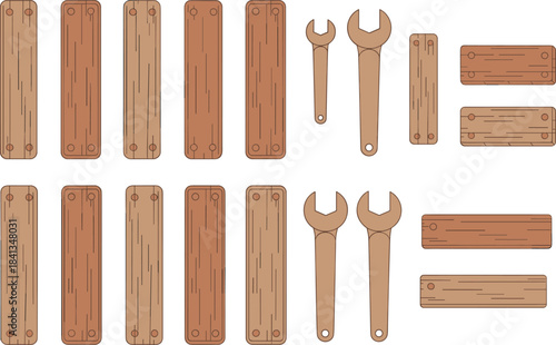 Wood planks and wrench tools illustration, wooden board set, construction materials, repair equipment icons, carpentry elements, DIY crafting hardware artwork