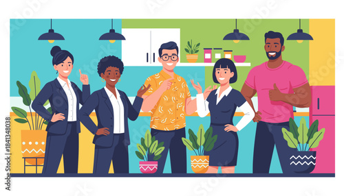 Diverse team smiling and collaborating in a modern office breakroom Positive communication and unity