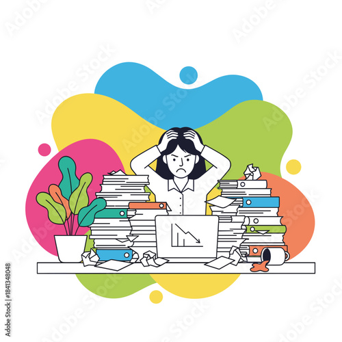 Stressed office worker overwhelmed by excessive paperwork and business crisis illustrating burnout and workload pressure