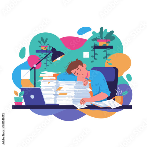 Burnout Tired worker sleeps on a tall pile of paper documents Overtime and office stress concept