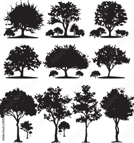 Silhouettes Set of Cherry Blossom trees