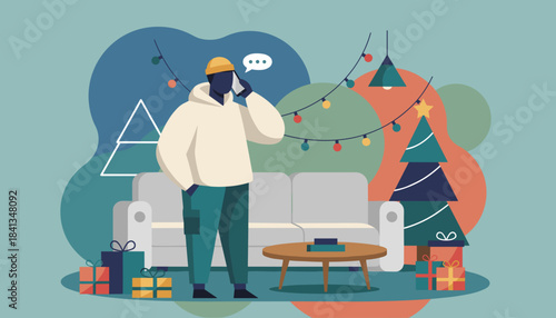Casual man talking on phone in modern Christmas living room surrounded by gifts