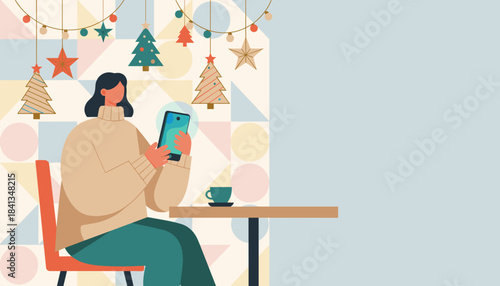 Woman using smartphone at cafe with Christmas decor enjoying holiday connection