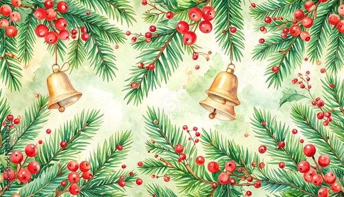 Watercolor Christmas boughs, berries, and bells. Soft, light green background