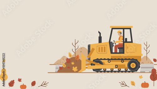 Construction worker drives a bulldozer clearing dirt and autumn leaves Heavy machinery vector illustration