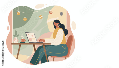 Freelancer working remotely on a laptop in a cozy decorative caf setting with coffee