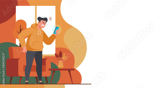 Angry man checking smartphone frustrated by bad news technical glitch or customer service