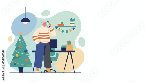 Mature woman talking on a phone in a decorated home office during the Christmas holidays