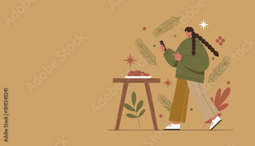 Cozy winter illustration Woman checks phone near cookies celebrating holiday moments