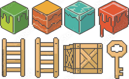 Pixel art game icons, colorful block tiles, ladders, crate and key, retro 8-bit style assets, gaming UI elements, collectible items