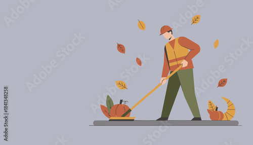 Worker sweeping autumn leaves and pumpkins showing fall cleaning and harvest concepts