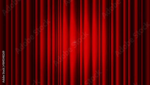 A red velvet or silk theater curtain with a centrally illuminated round spotlight on the stage. A luxurious red vector background for opera performances, film ceremonies and Broadway