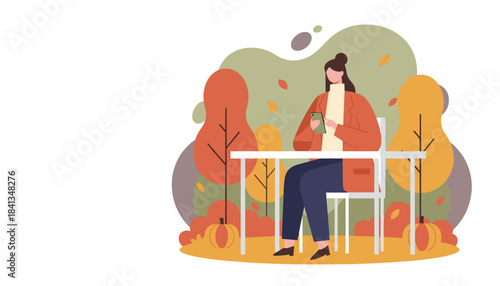Woman using a smartphone outdoors in autumn Fall leisure season and digital communication concept
