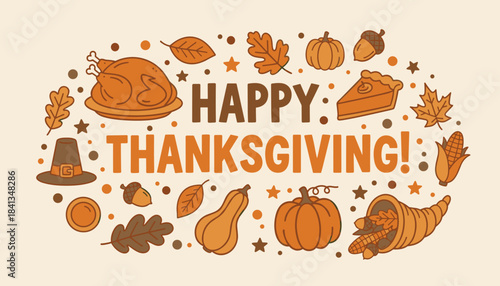 Happy Thanksgiving graphic design featuring traditional fall harvest symbols and food items