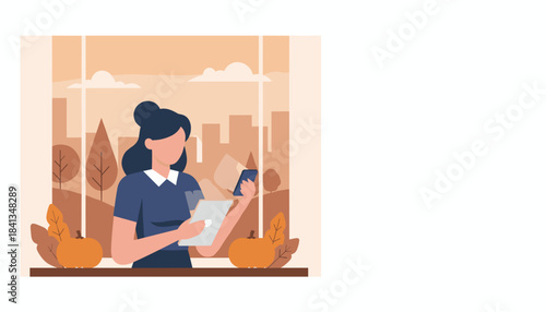 Woman multitasking with tablet and phone near a window with an autumn city view and pumpkins