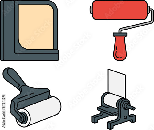 Printing tools illustration, rollers and squeegee set, minimalist printmaking equipment, flat design artwork, linocut brayer tools, graphic arts workshop elements