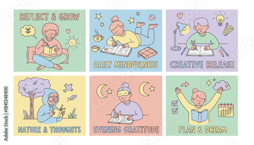 Pastel illustration set People journaling for mindfulness selfcare planning creativity and personal growth activities