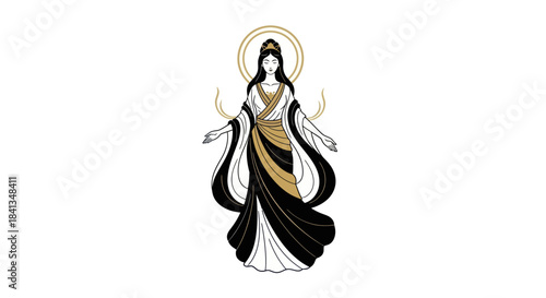 Elegant female figure illustration with golden halo and flowing attire