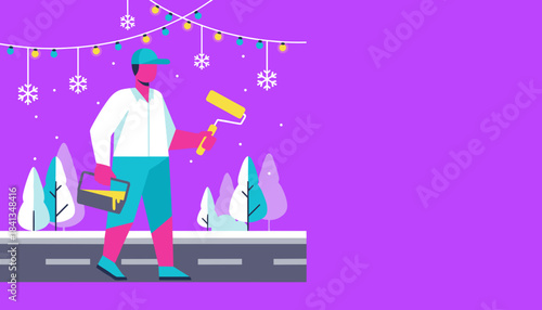 Handyman painter with roller and tray ready for renovation or holiday decorating job Flat vector style