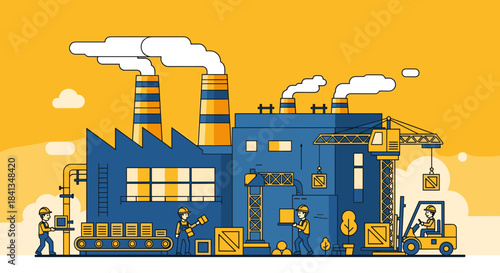 Manufacturing factory illustration with workers production line crane and forklift Industry concept