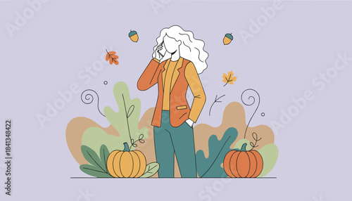 A woman talks on a phone amidst autumn decor conveying fall business and communication