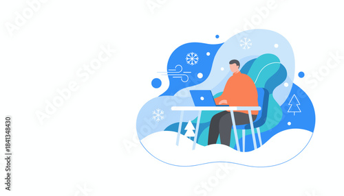 Remote work in winter Man uses laptop in cold windy snowy environment Flat design vector