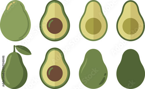 Green avocados and pears with cut halves showing interiors