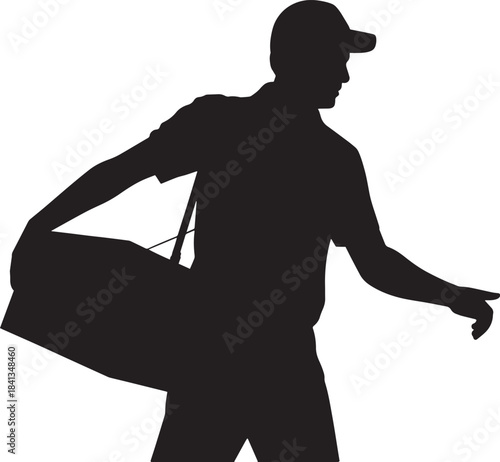 Delivery man silhouette with bag for courier and logistics concept, flat icon