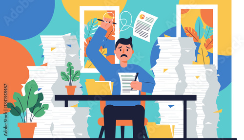Stressed office worker overwhelmed by mountains of paperwork Concept of workload burnout and deadline anxiety