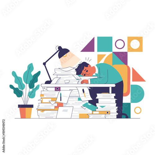 Exhausted man overwhelmed by paperwork and workload sleeping at his desk
