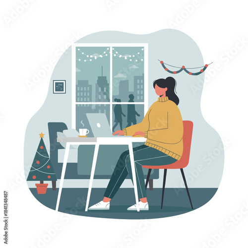 Woman working remotely on a laptop from a cozy home office decorated for the winter holidays WFH lifestyle