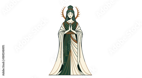 Elegant female figure in green robes with halo and antlers illustration