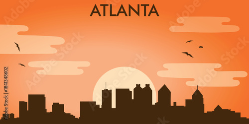 Stylized vector illustration of the skyline (city panorama) of Atlanta (Georgia, USA) against the backdrop of the sunset.