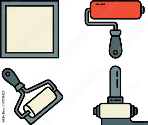 Printing tools illustration, rollers and squeegee set, minimalist printmaking equipment, flat design artwork, linocut brayer tools, graphic arts workshop elements