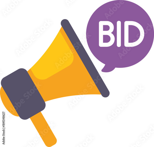 Yellow megaphone announcing a bid in a purple speech bubble, perfect for representing online auctions