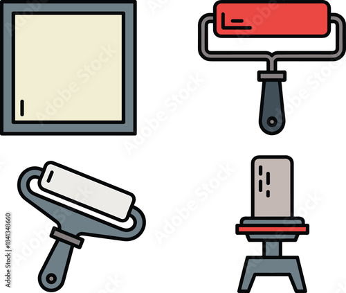 Printing tools illustration, rollers and squeegee set, minimalist printmaking equipment, flat design artwork, linocut brayer tools, graphic arts workshop elements