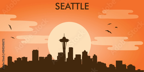 Stylized vector illustration of the skyline (city panorama) of Seattle (Washington State, USA) against the backdrop of the sunset.