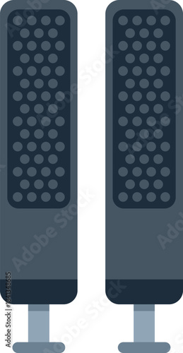 Pair of loudspeakers is standing on the floor and playing music, isolated on white background