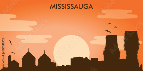 Stylized silhouette vector illustration of the Mississauga, Canada, skyline against the backdrop of the sunset.