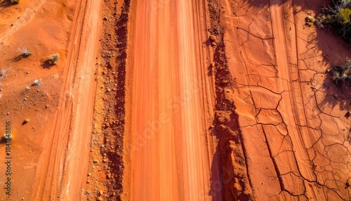 Aerial View of Vibrant Red Dirt Road Cutting Through Arid Landscape
