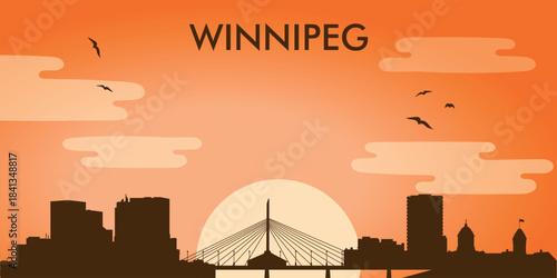 Quadro su tela Stylized silhouette vector illustration of Winnipeg, Canada, against the backdrop of the sunset
