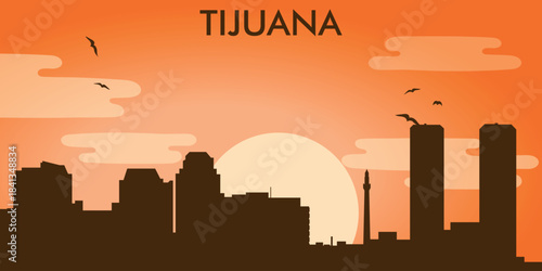 Stylized silhouette vector illustration of the Tijuana, Mexico skyline against the backdrop of the sunset.