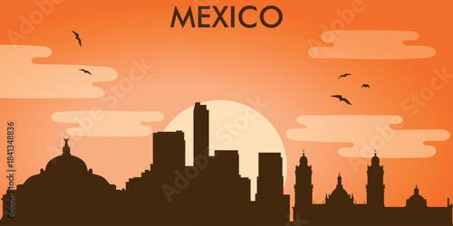 is a stylized silhouette vector illustration of the Mexico City skyline against the backdrop of the setting sun.