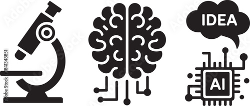 Artificial intelligence and science icons, brain with circuit, microscope and idea symbol, flat