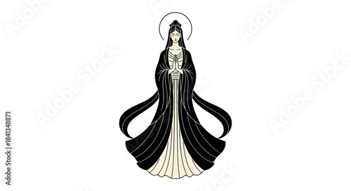 Elegant illustration of a figure in long robes with halo on white